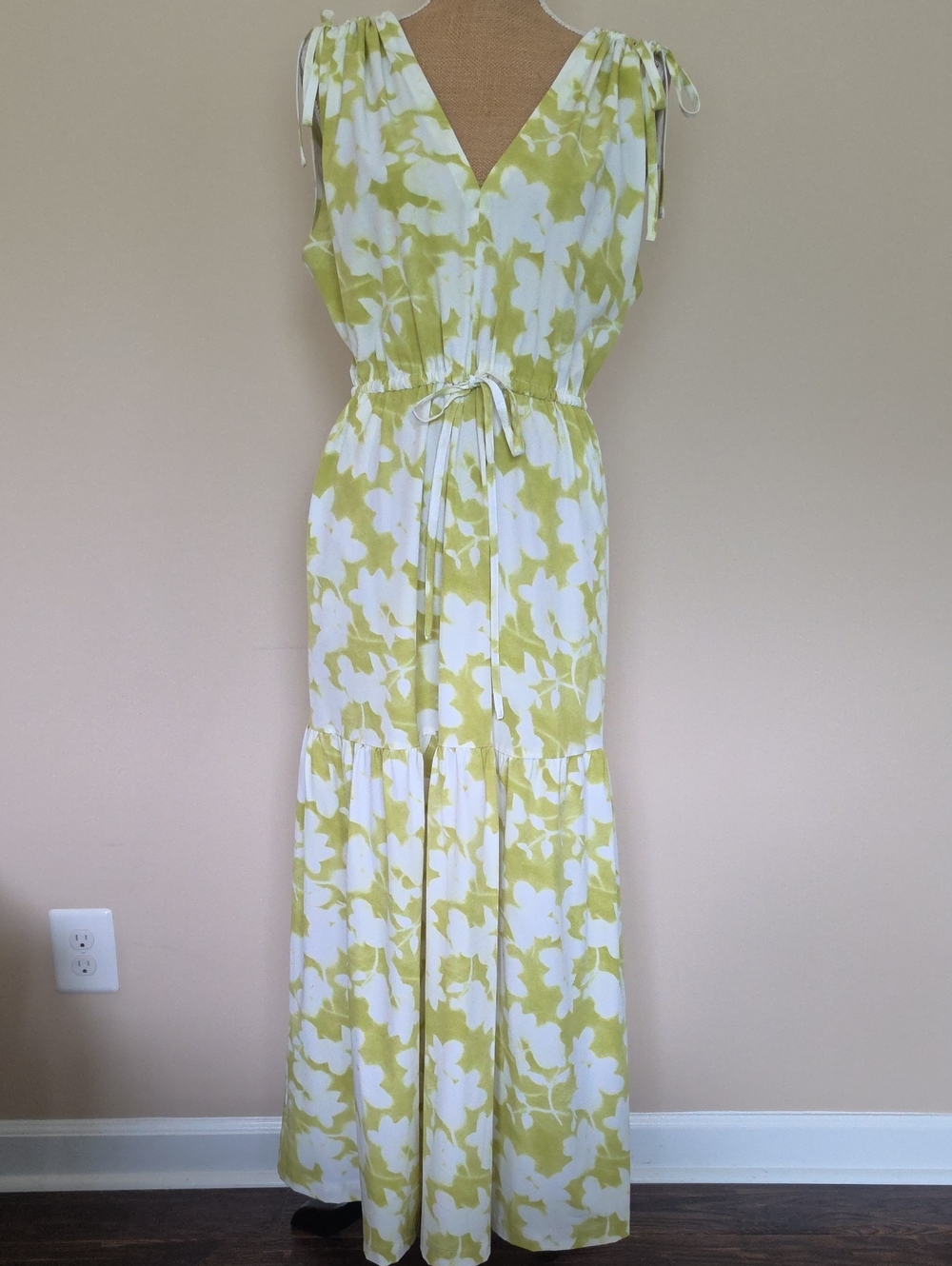 Calvin Klein White and Lime Green Floral Maxi Dress with Tie Waist